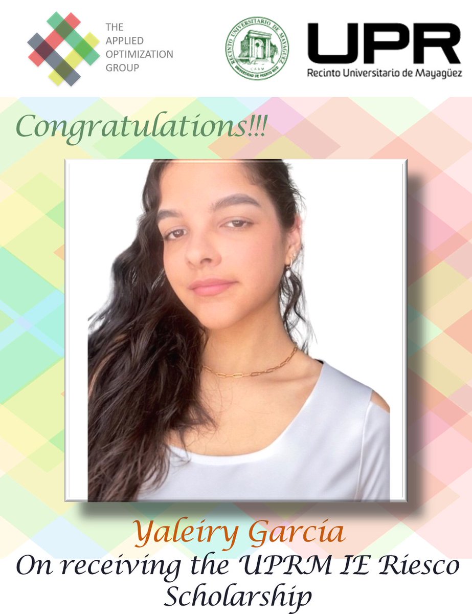 Congratulations, Yaleiry Garcia!!!

#RiescoScholarship #UPRM #IndustrialEngineering #AOGachievers #CabreraResearch #IsazaResearch