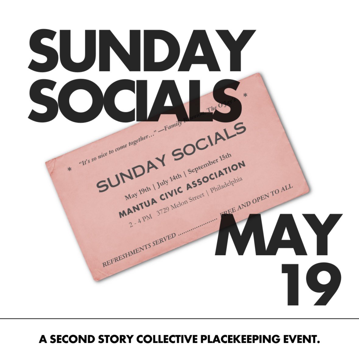 As part of Second Story Collective, we’re excited to invite Mantua residents, Drexel students, & interested community members to our first Placekeeping Community event on Sunday, May 19th from 2-4pm at Mantua Civic Association! We’ll have food, arts activities, & music! All free.