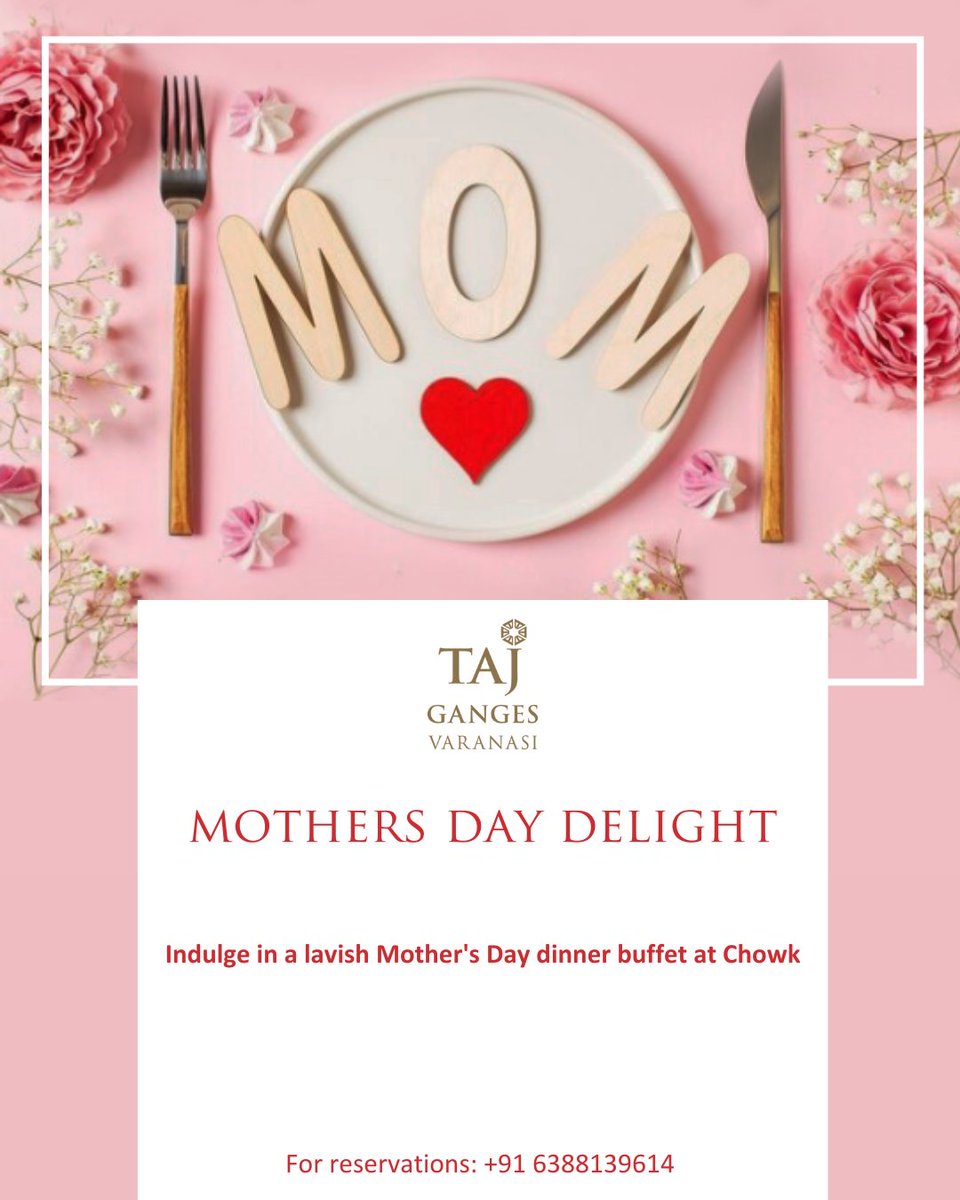 Join us on May 12th from 7:00 PM to 10:30 PM at Chowk, where we celebrate the extraordinary mothers in our lives with a lavish dinner buffet, an ode to their endless love and unwavering light.

For reservations, call us at +91 6388139614

#TajGanges #Chowk #TajHotels #MothersDay