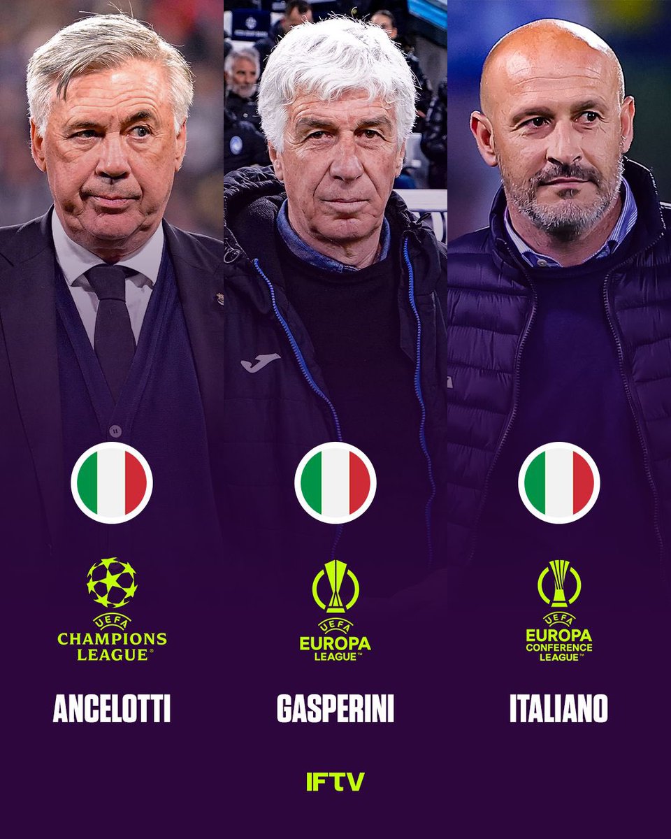 Italy will have 3 coaches in European Finals this year 😎🇮🇹

🇮🇹 Ancelotti - Champions League
🇮🇹 Gasperini - Europa League
🇮🇹 Italiano - Conference League