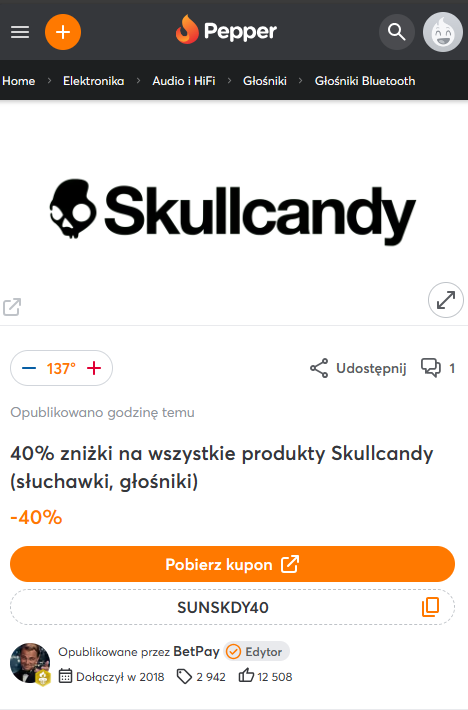 Fajne promo na @PepperPoland, zawsze chciałem mieć słuchawki Skullcandy, ale nigdy się nie zebrałem ze względu na ceny...

teraz też nie kupię bo mam za dużo słuchawek w domu xD

Ale jak coś to linka daje w komentarzu, myślę że warto skorzystać bo to aż 40% taniej 👇