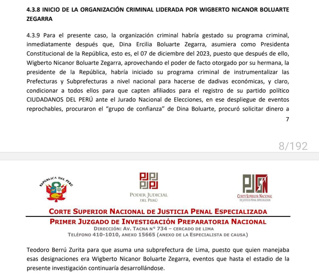 #PuntoFinal Para Fiscalía el inicio de la organización criminal empezó a gestarse desde el primer día en que Dina Boluarte asumió la presidencia. Su hermano, Nicanor Boluarte organizó los puestos en prefectura a cambio de dádivas económicas.