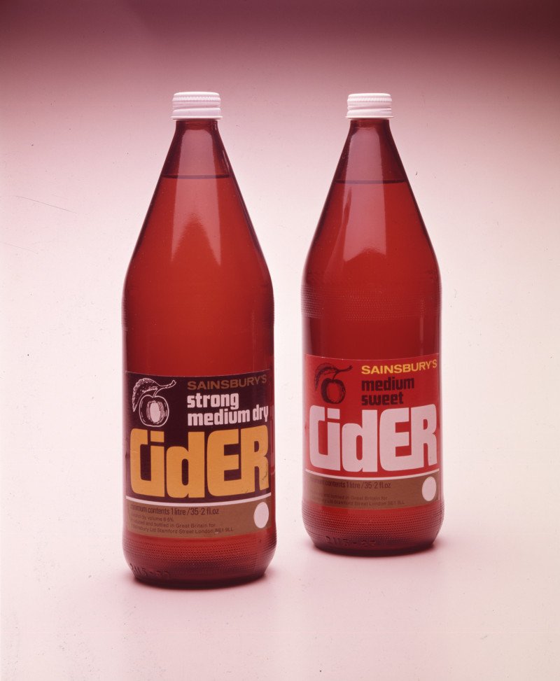 Chosen for our #FridayFavourite this week is this image of Sainsbury's Strong Medium Dry Cider and Sainsbury's Medium Sweet Cider from the 1970s