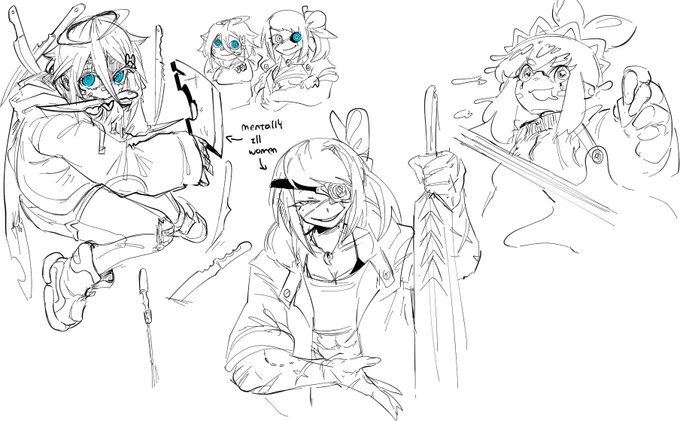 Drawing some ocs again.Two Assassins and a Maid Rockstar who got lost. 