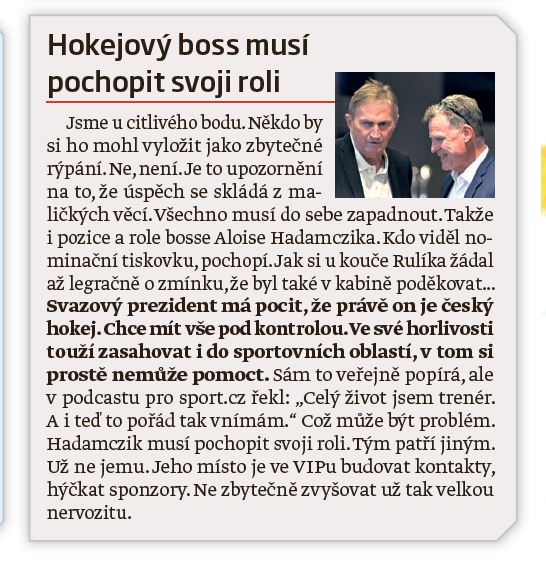 Když jsme s <a href="/rypv13/">Pavel Ryšavý</a> dávali pro <a href="/DenikSport/">Deník Sport</a>  dohromady body, které se musejí sejít, aby MS mohlo dopadnout dobře, tenhle tam nesměl chybět.
Kdo sledoval nominační TK <a href="/czehockey/">Český hokej</a>, tuší...
AH patří do VIPu. Ne do kabiny. Tohle už není jeho tým.
Citlivé téma, ale nutné zmínit...