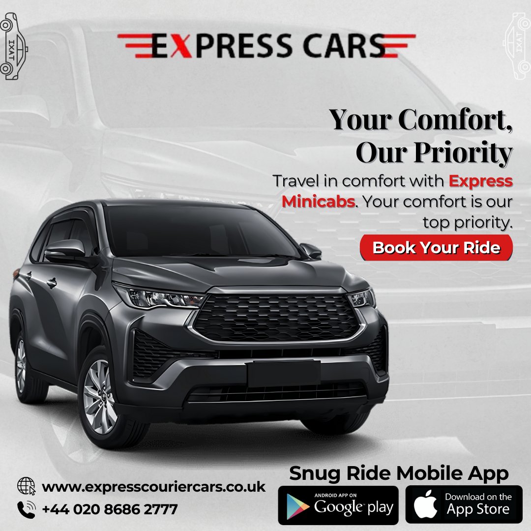 expresminicabs's tweet photo. Comfort is key when you travel. Experience spacious and well-maintained vehicles with Express Minicabs. Book now for a cozy ride
.
 Book Now: https://t.co/gbRJ2TAFS7 
Call Now: 020 8686 2777 
.
 Download The Sung Ride App
.
#TravelInComfort #CozyRideExperience #ExpressMinicabs https://t.co/uTR8U9hmih