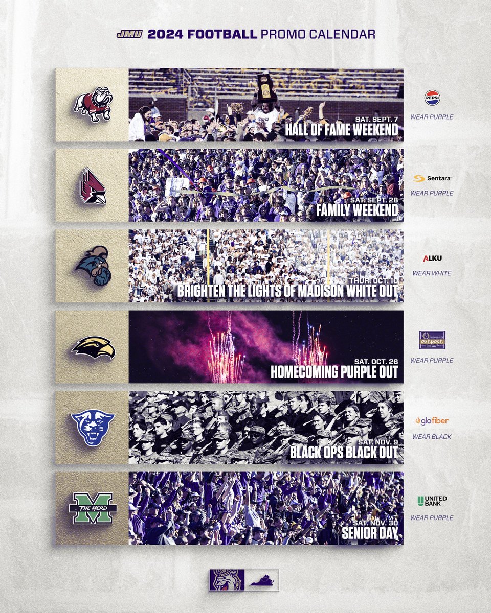 Get excited, the 2024 promotional schedule is here! ⚪️ Oct. 10 vs Coastal Carolina 🟣 Oct. 26 vs Southern Miss ⚫️ Nov. 9 vs Georgia State 🎟️ | bit.ly/3UVgYCz 📰 | bit.ly/4bzOcwr #GoDukes