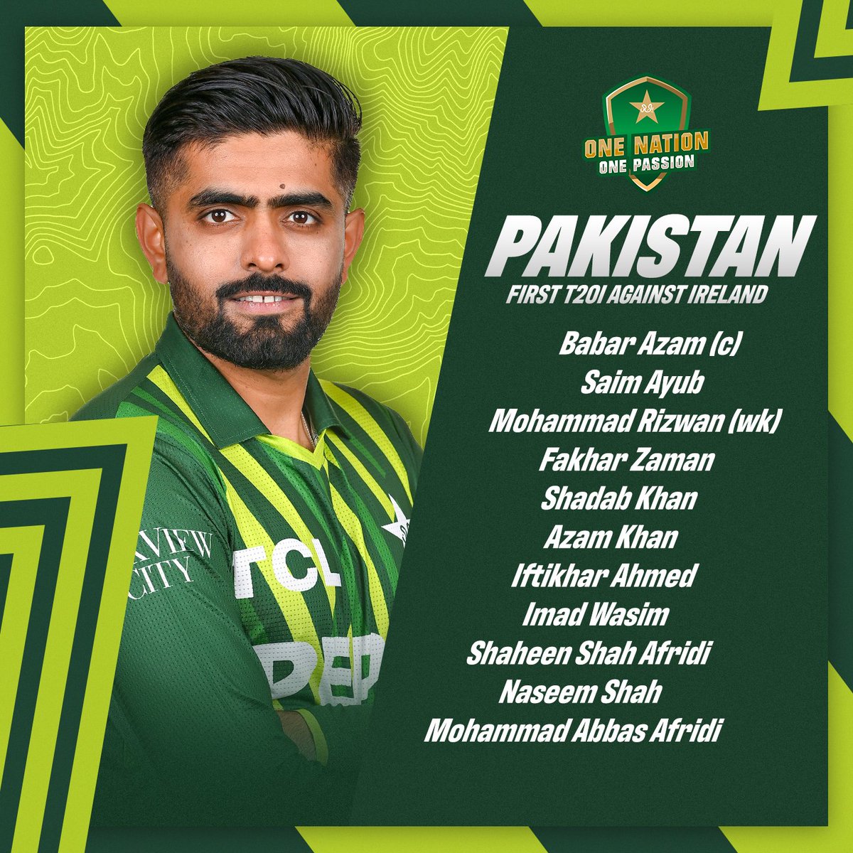Pakistan playing XI for the first T20I 👇

#IREvPAK | #BackTheBoysInGreen