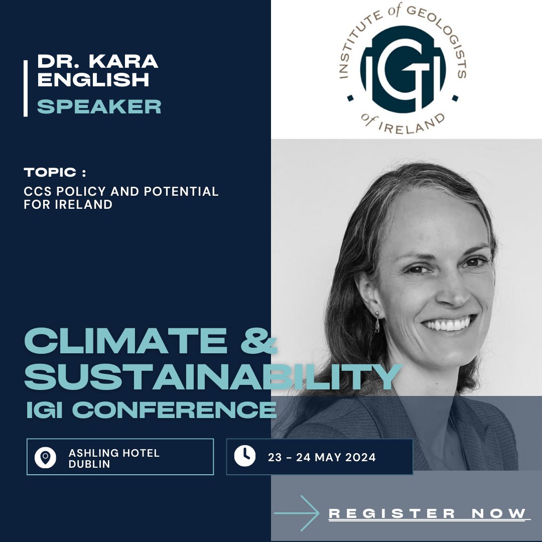 Less than 2 weeks to go to <a href="/IGI_PGeo/">IGI</a>  2024 Conference! Dr Kara English <a href="/UCD_Earth_Sci/">UCD Earth Sciences</a> will be speaking about Carbon Capture &amp; Storage #CCS policy &amp; the potential for Ireland.
#geoscience #ccs #geostorage
Register by 20/5: igi.ie/conference-202…
Speakers: igi.ie/conference-202…