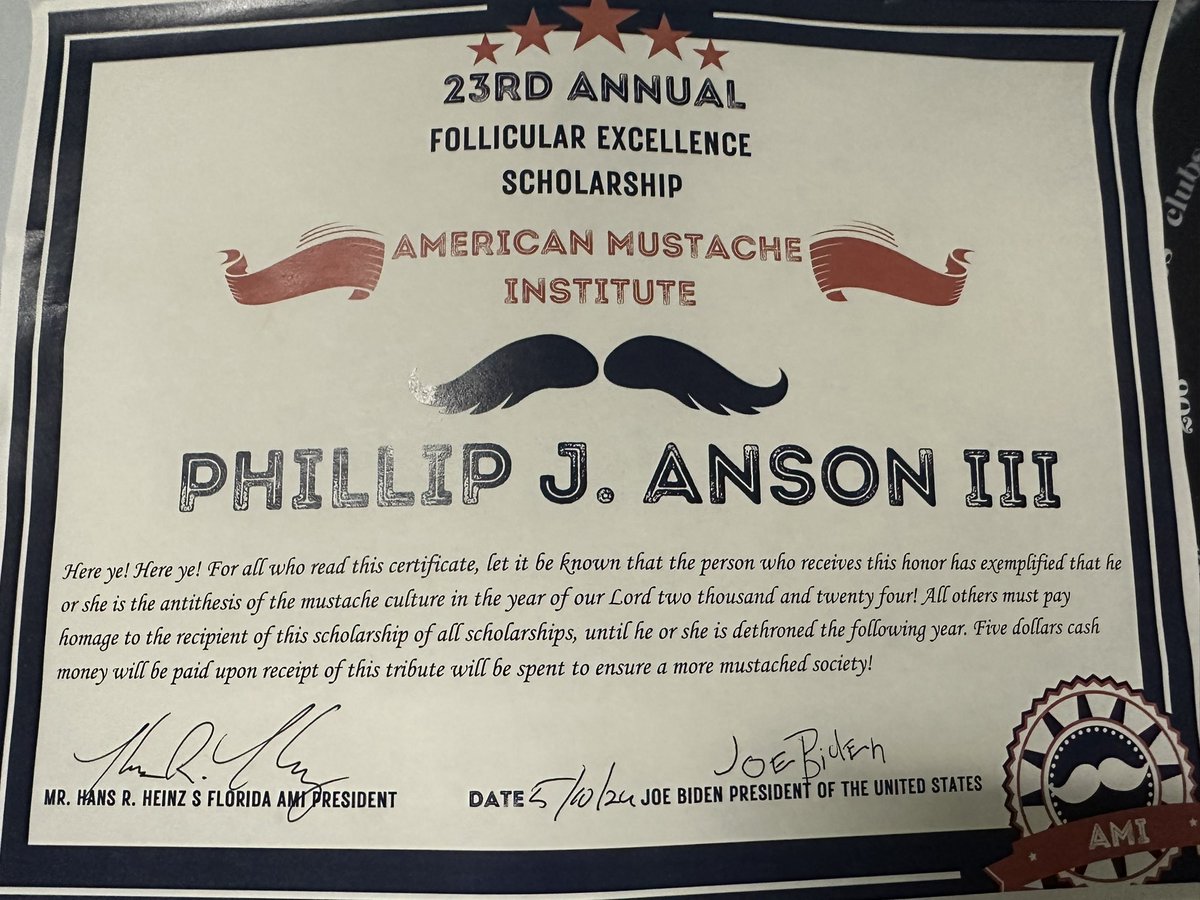 A tradition like any other continues. The grandeur of our Florida chapter president, Dr. Hans Heinz, in awarding our annual scholarship Mustached American Youth Scholarship.