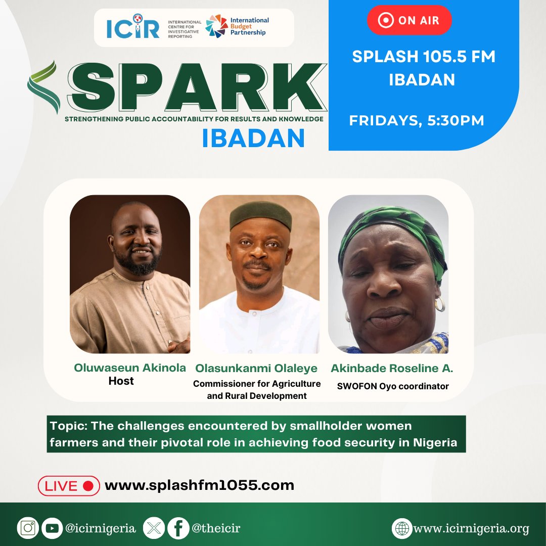 Exciting update! SPARK radio show will be live today in Ibadan at 5:30 pm on Splash 105.5 FM. #SPARKIbadan is the fifth in the series of #TheICIR SPARK radio shows which seek to spotlight issues facing maternal healthcare and women in agriculture and profer solutions.…