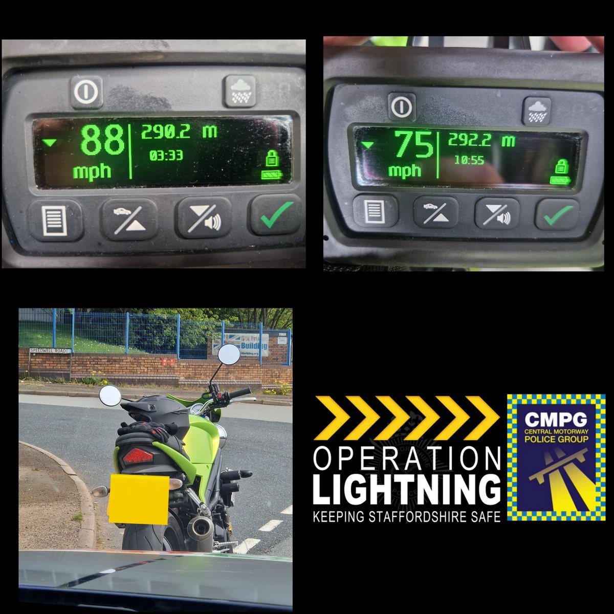 Speed enforcement, A34 Chesterton @NewcastleLPT . This stretch of road is subject to a 4️⃣0️⃣ mph limit❗️ Motorcyclist = 8️⃣8️⃣mph❗️ Followed by 🚗 = 7️⃣5️⃣mph❗️ Both 🧍‍♂️ can expect a date for court shortly ⚖️👨‍⚖️. These speeds are totally unacceptable❗️ #OpLightning C-Unit Doxey