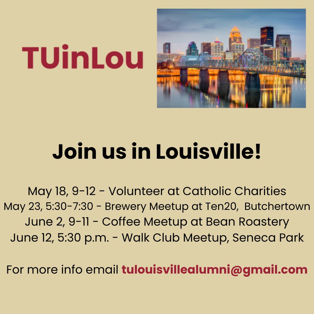 Transylvania Alumni (@transyalumni) on Twitter photo Join Louisville alumni for these upcoming events! TUinLou is a volunteer-led effort to engage with other Pioneers.
• RSVP for the Week of Service event through Catholic Charities here: bit.ly/4bcosq4
• For the TUinLou events, email tulouisvillealumni@gmail.com. Join Louisville alumni for these upcoming events! TUinLou is a volunteer-led effort to engage with other Pioneers.
• RSVP for the Week of Service event through Catholic Charities here: bit.ly/4bcosq4
• For the TUinLou events, email tulouisvillealumni@gmail.com.