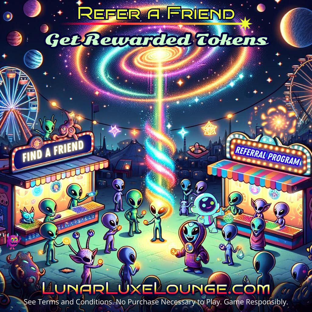 🌟 Lunar Luxe Lounge's Friend Referral! 🌟 Refer a friend, and get bonus tokens when they spend $20+. Amplify your game together. Start now at LunarLuxeLounge.com! 🚀 #FreePlay #ReferAFriend