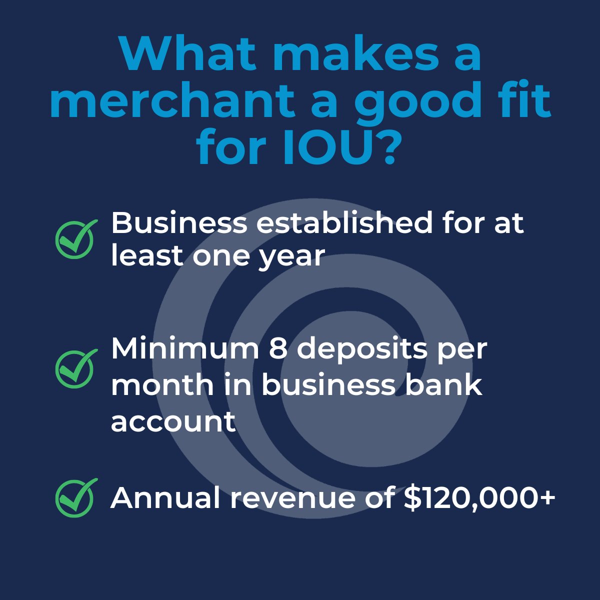 Curious if your merchant is a good fit for a loan with IOU Financial? Make sure they meet our minimum requirements and then submit here: partners.ioufinancial.com

#SmallBusinessLoan #BusinessFinancing #WorkingCapital #BusinessFunding