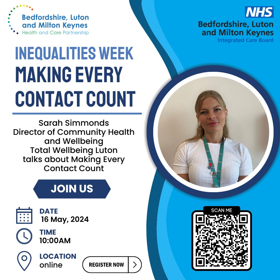 Join us on the 16th May, as part of our inequalities week Sarah Simmonds, Director of Community Health and Wellbeing at Total Wellbeing Luton hosts a webinar on health and lifestyle and how to have healthy conversations. buff.ly/3UDcCOL