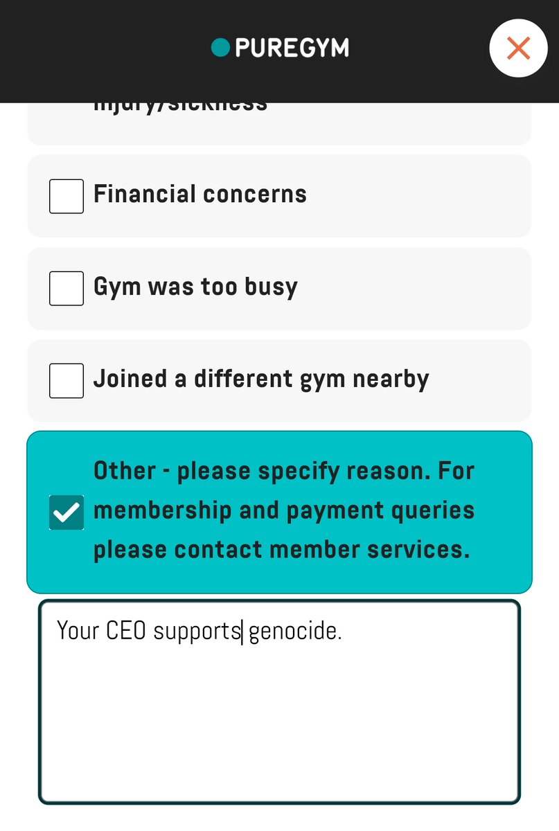 HATzortzis's tweet image. I have cancelled my @PureGym membership because their CEO is pro-genocide.

To all my followers: please cancel your membership and join another gym.