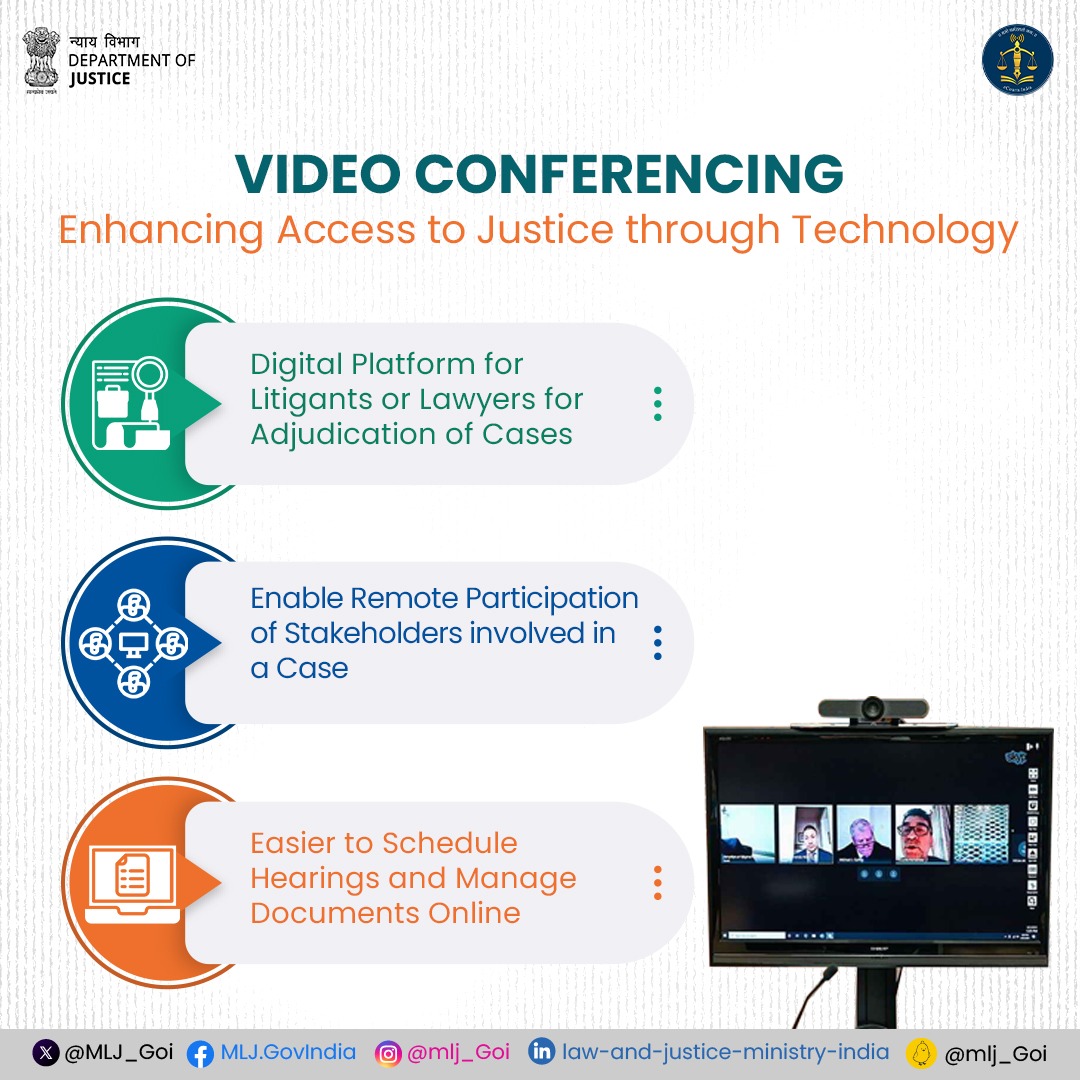 Serving Justice anytime, anywhere 🏛️ #VideoConferencing is revolutionizing Indian Judiciary, bringing the courtroom directly to screens. Ensuring swift, accessible, and transparent Justice for all in the Digital Age.