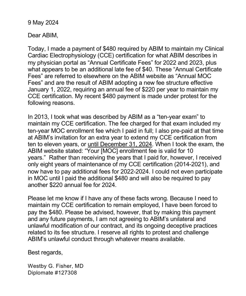 Sucks that I have to use my vacation time to rectify my prematurely cancelled Cardiac EP cert. I don’t appreciate being bullied by @ABIMcert to pay more fees before I can do MOC things to restore my cert status. Here’s the letter I sent them after paying my fees last night.