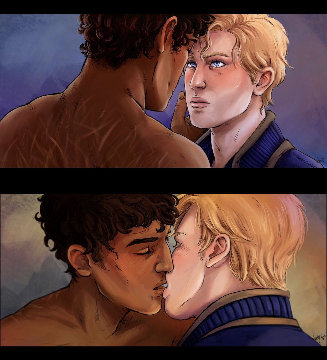I'm done with the illustration I was working on ! 
I will probably make some more soon (I can't get enough of them???)

—

‘Don’t,’ said Laurent, ‘toy with me. I—have not the means to—defend against this.’
‘I don’t toy with you.’

#CaptivePrince #Capri #Damen #Laurent #Lamen