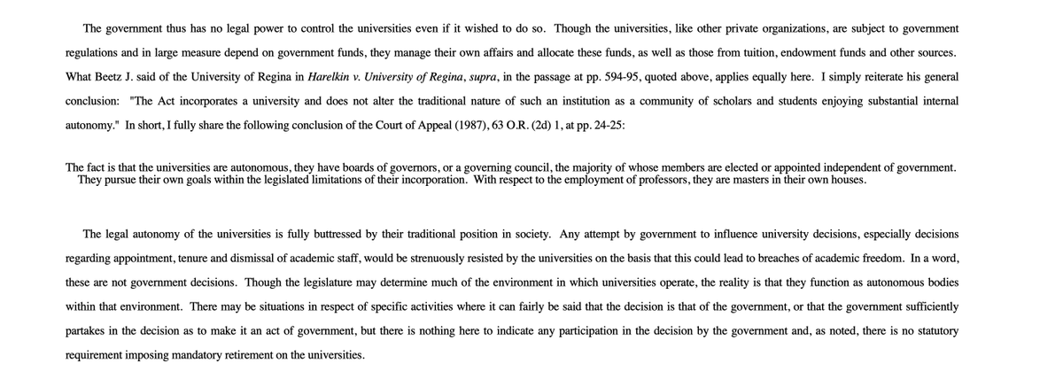 McKinney v. University of Guelph, [1990] 3 S.C.R. 229 'The legal autonomy of the universities is fully buttressed by their traditional position in society.'