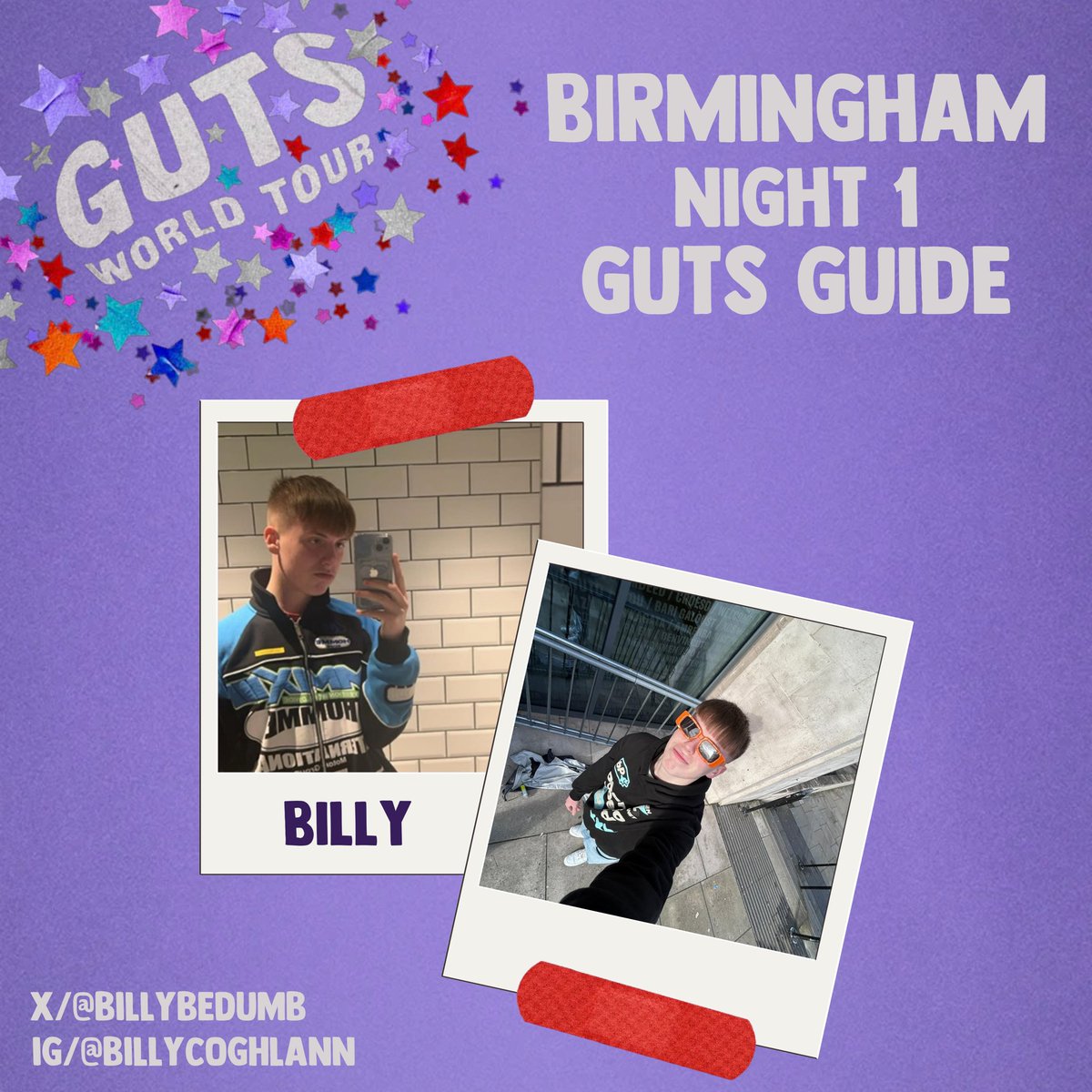 LiviesHQ's tweet photo. introducing your GUTS guide for #GUTSWorldTourBirmingham night 1, billy!!! ⭐️💜

follow along with all GUTS guide content on our instagram ⬇️

https://t.co/iBj2JLpD9o https://t.co/G5fk6F4lkY