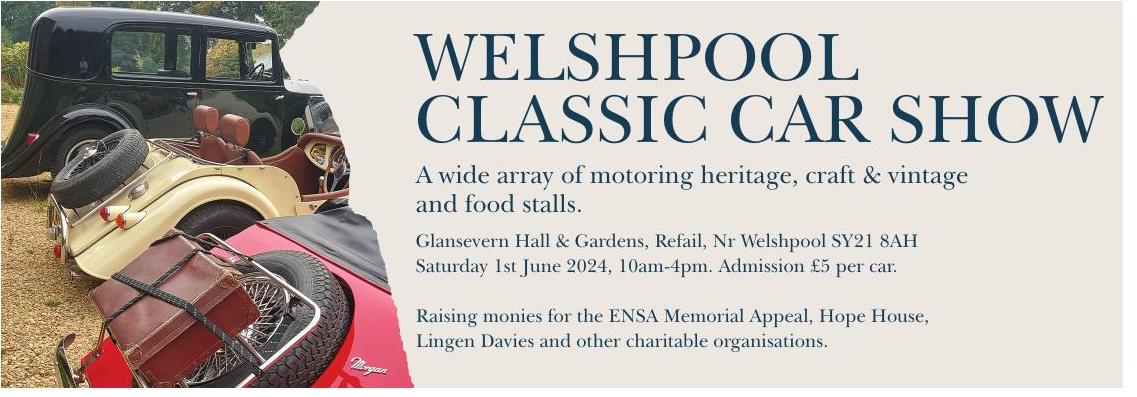 Do you have a passion for classic cars?

On Saturday 1st June, Welshpool will welcome its first Classic Car event which will be held in the stunning grounds of @glansevern.

Vehicle entries are £5, Stall holders £20 or free to visit! 

Register here - welshpoolclassiccarfestival.co.uk