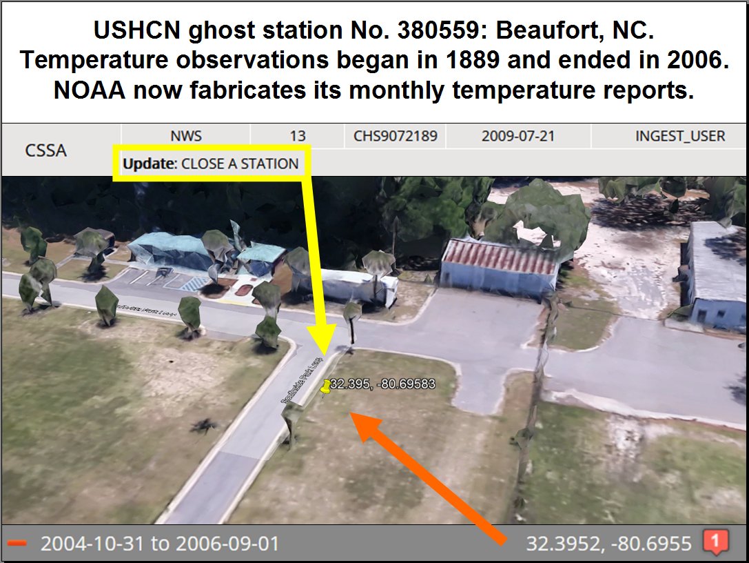 Even Beaufort, NC has a Ghost Station: USHCN No. 380559. Even though it's gone, it was poorly located, and yet NOAA continues to fabricate its temperature data.