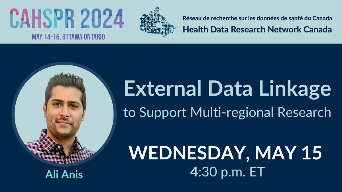 🤝🏽 #MeetOurTeam! Connect with Program Specialist Ali Anis to learn about how #HDRNCanada's Data Access Support Hub/DASH enables external data linkage for multi-regional research during #CAHSPR24! 🗓️May 15 | 🕟 4:30pm ET Learn more ➡️ bit.ly/CAHSPR2024