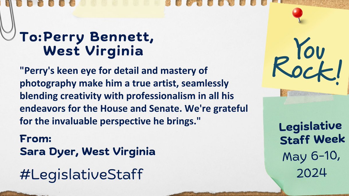 As part of NCSL's #LegislativeStaff Week, we are selecting a few 'shoutouts' to spotlight each day. Here's a shoutout for legislative photographer Perry Bennett in the West Virginia Legislature! Today is the last day to submit a shoutout➡️ bit.ly/3wf0r2K #WVleg
