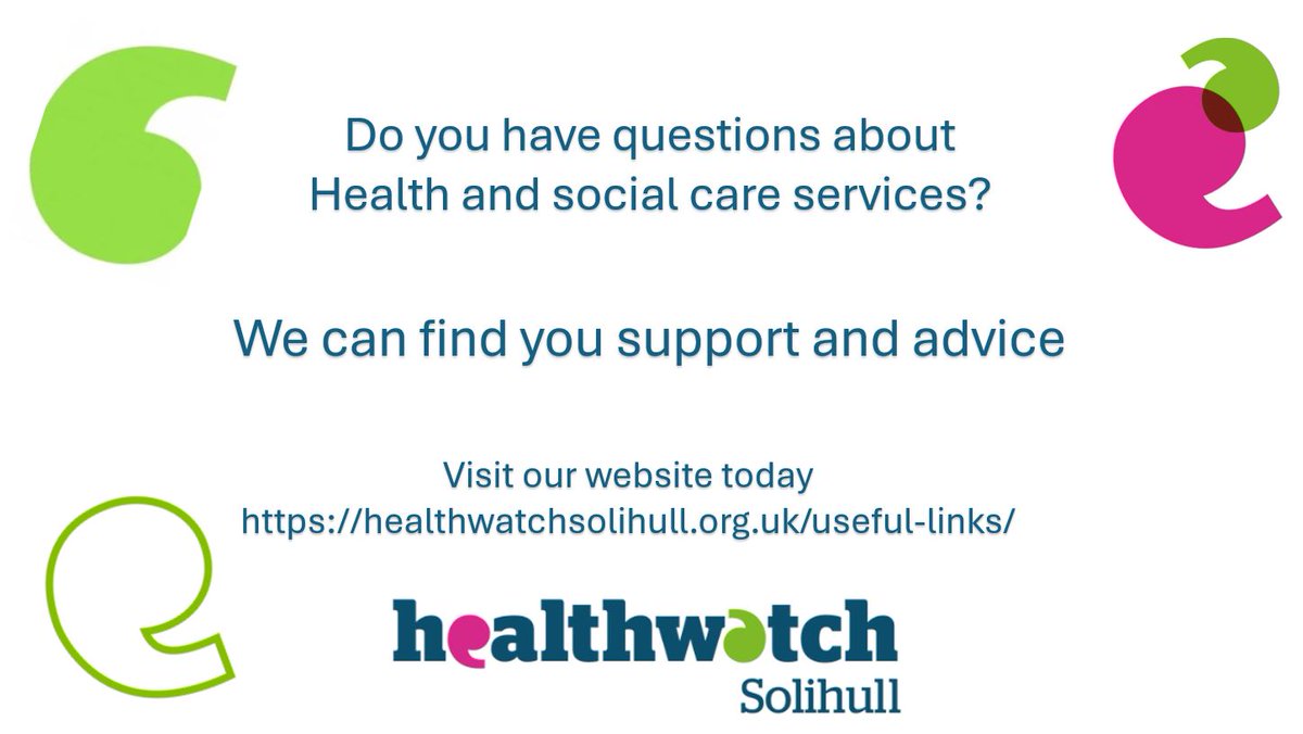 Are you looking for support with being a carer?
recieved a new diagnosis? have questions about health and social care?
Our website has a great deal of helpful links to organisations that are ready to help you visit healthwatchsolihull.org.uk/useful-links/ now!
