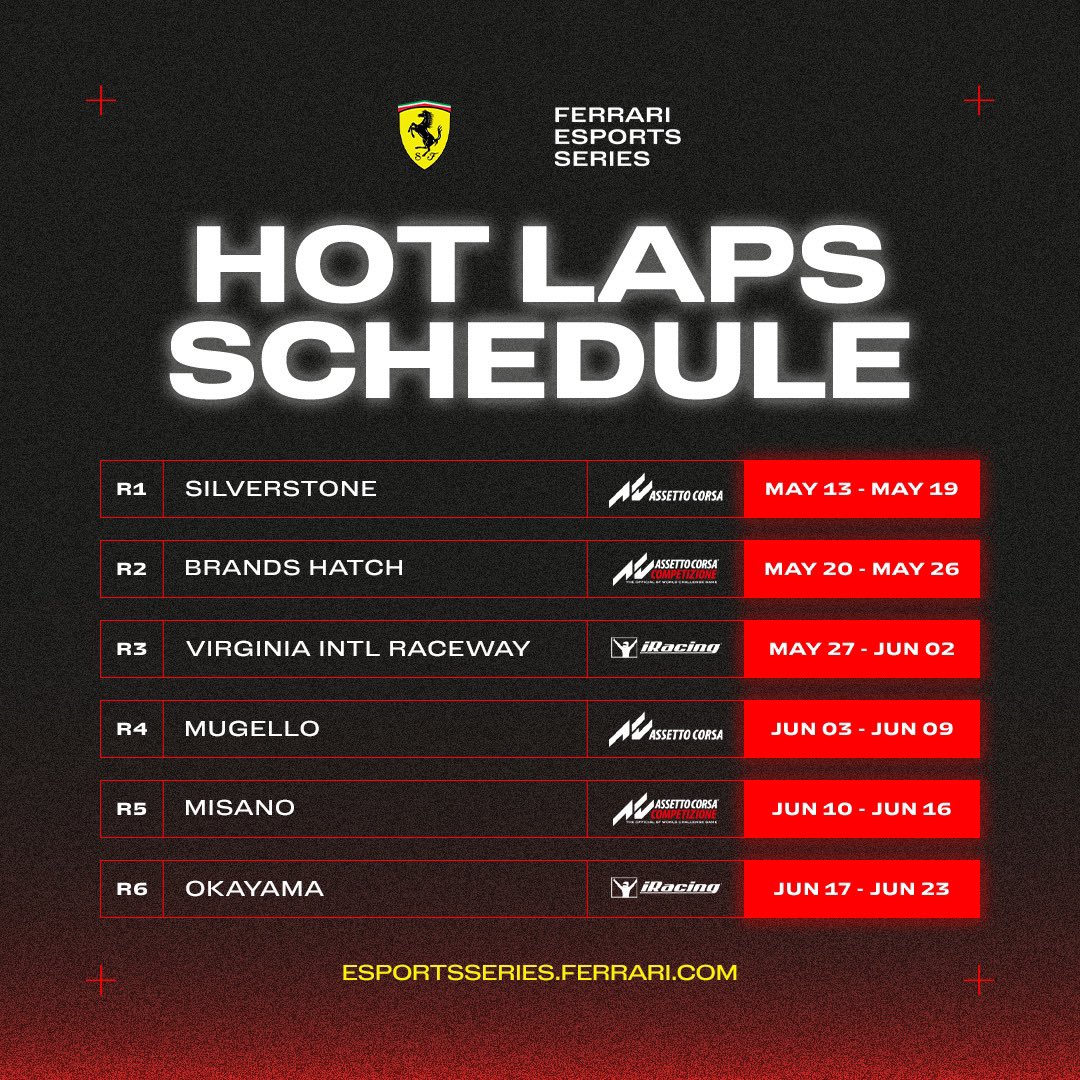 Mark your calendars! 🗓️ The Ferrari Esports Series 'Hot Laps' open up on May 13th! Register your spot today! 🔥 ➡️ esportsseries.ferrari.com #FerrariEsports #FerrariEsportsSeries