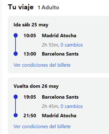 Pues tengo unos billetes de tren Madrid - Barcelona para el 25 y 26 de mayo que ya no voy a poder usar. Los vendo al mismo precio que me costaron (más baratos de lo que están a día de hoy). 
Y si lo podéis compartir, os lo agradecería mucho.
