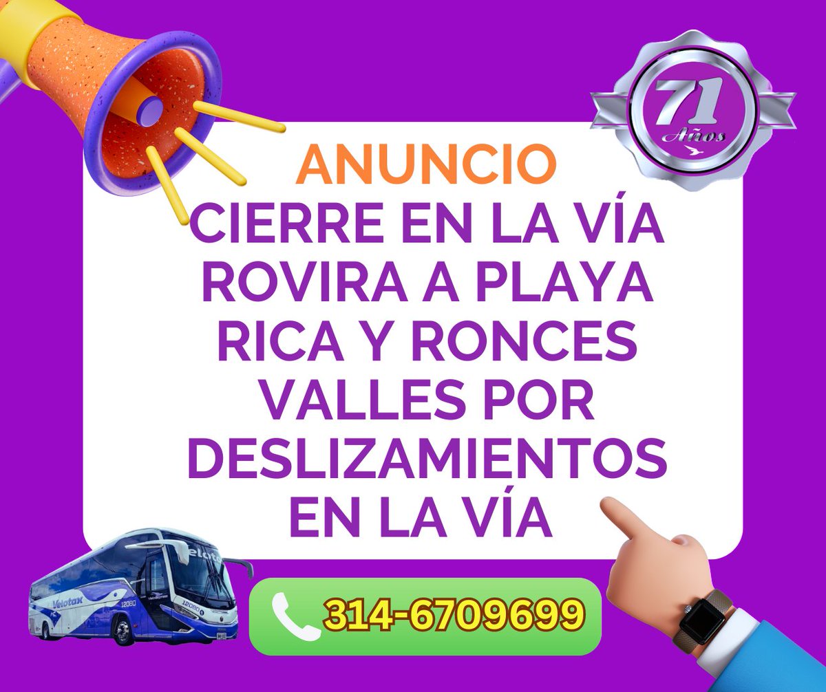📷 ¡Atención viajeros! 📷
Informamos a nuestra comunidad que la vía desde Rovira hasta Playa Rica y Roncesvalles se encuentra cerrada debido a la pérdida de bancada. Por esta razón, Velotax no está realizando su ruta habitual hacia estos destinos. Información 
314-6709699