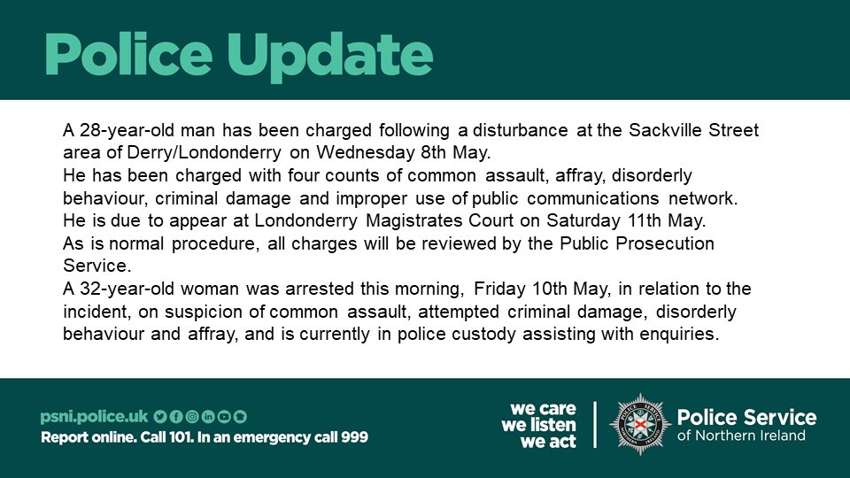 Our officers have charged a man and arrested a woman following a disturbance in the Sackville Street area of Derry / Londonderry earlier this week.