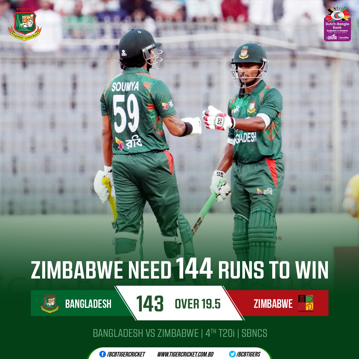 Dutch-Bangla Bank Bangladesh vs Zimbabwe T20i Series 2024 | 4th T20i 🏏 Zimbabwe need 144 runs to win Details 👉: tigercricket.com.bd/live-score/zim… #BANvZIM #BCB #Cricket #BDCricket #livecricket #Bangladesh