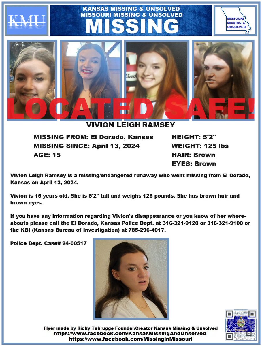 VIVION HAS BEEN #LOCATED SAFE!!! THANK YOU TO ALL WHO SHARED HER FLYER!!! #MISSINGPERSON #MISSING @AnnetteLawless #KansasMissing #MissingInKS #Kansas #EldoradoKS