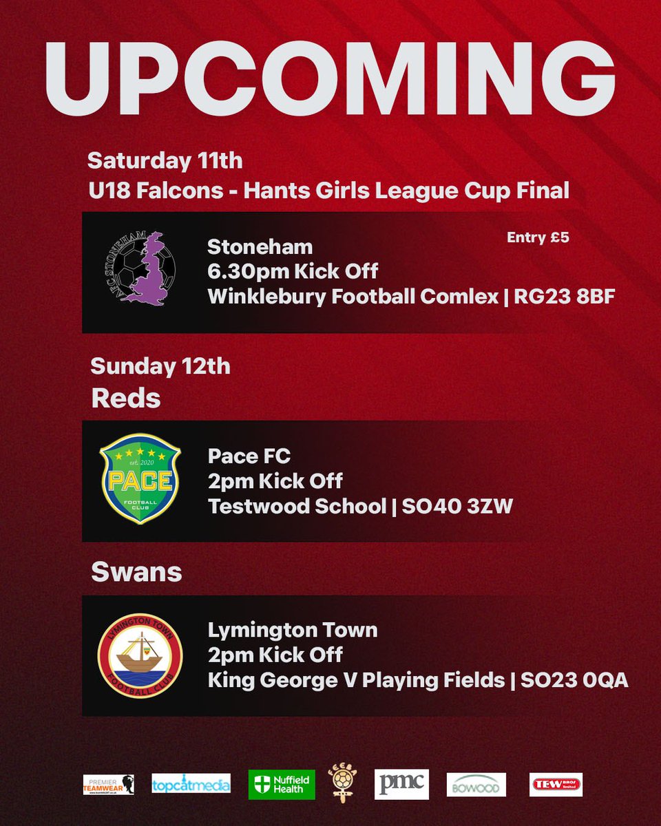 What a weekend of football😮‍💨 On Saturday the U18 Falcons face Stoneham U18’s in the Hampshire Girls League Cup Final🏆 And Sunday sees the Reds and Swans continue their league campaigns, where a win for the Swans would secure the league title with a game spare👏 #UpTheFlyers