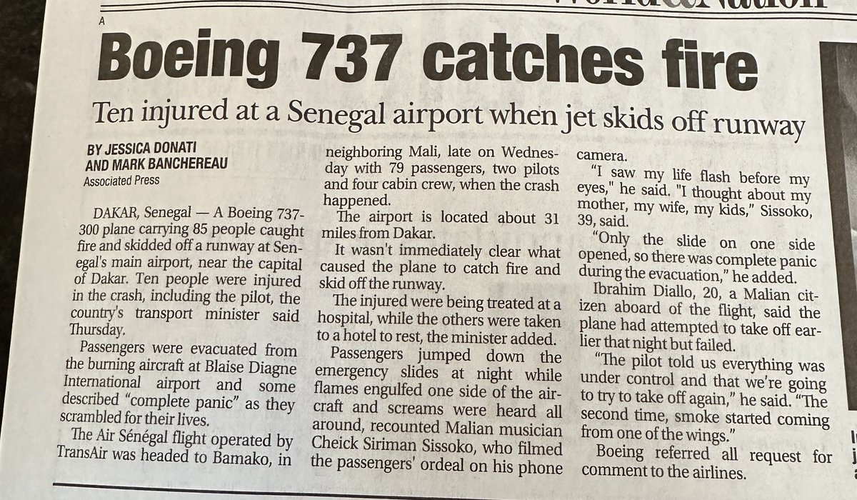 MecPilot's tweet photo. Hack journalism, courtesy of @AP . This has nothing to do with Boeing or its generations old 737-300 and more to follow with bad decision making by the captain. But hey, why not jump on the bash Boeing bandwagon to get a cheap headline? Crap journalism disgusts me. https://t.co/9aYAmZRjnX