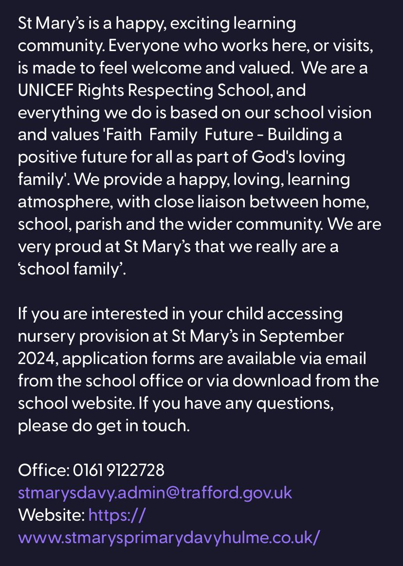 Exciting news! Nursery provision at St Mary’s, Davyhulme <a href="/DbeManchester/">Manchester DBE</a> <a href="/News4Trafford/">News4Trafford</a> <a href="/TraffordCouncil/">Trafford Council</a> <a href="/yoururmston/">𝑌𝑜𝑢𝑟 Urmston</a>
