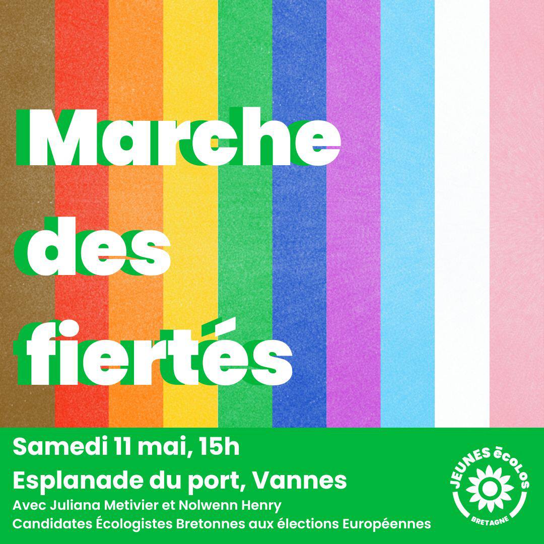 On se retrouve demain à #Vannes pour la #pride ✨️ Venez rencontrer @JulianaMetivier et @NolwennHenry_ candidates aux élections européennes 🇪🇺 Nous y serons présent•e•s toute la journée 🏳️‍⚧️ 🏳️‍🌈