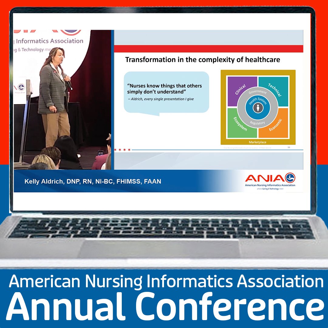 ANIAinformatics's tweet photo. In the #ANIA24 keynote address, Dr. Kelly Aldrich discusses how nursing informaticists can lead innovation in the healthcare environment.  "Nurses know things because they are in the weeds.  They understand the complexities." #informatics #nursinginformatics #nursing #nurses https://t.co/LzcYjN73cz