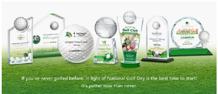 It's National Golf Day! ⛳  Let's Par-Tee!  Company golf tournament prizes.  Longest drive, chipping contests, group winners.  Get ready to tee off and swing into action as we celebrate National Golf Day.  #golf  #awards  #tournaments