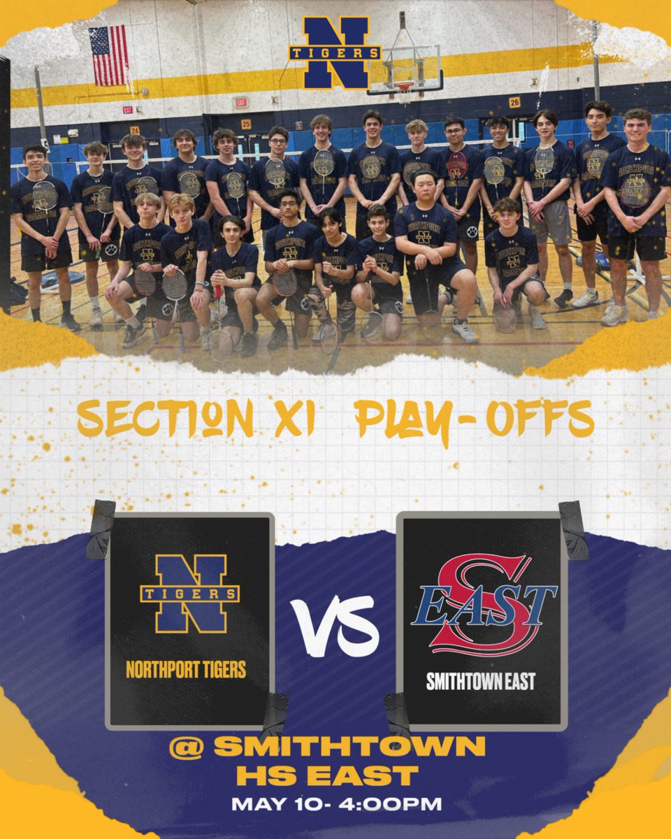 Northport Varsity Boys Badminton will travel to play Smithtown HS East, today at 4:00pm in the Section XI Quarter-Finals. Lets go Tigers!