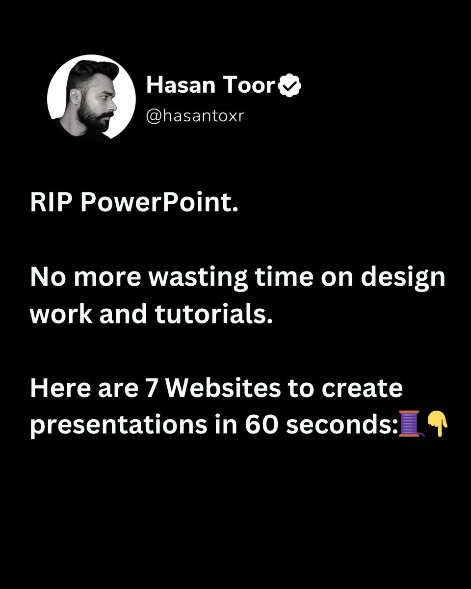 hasantoxr's tweet photo. RIP PowerPoint.

No more wasting time on design work and tutorials.

Here are 7 Websites to create presentations in 60 seconds:🧵 👇 https://t.co/LEZKnXbhvX