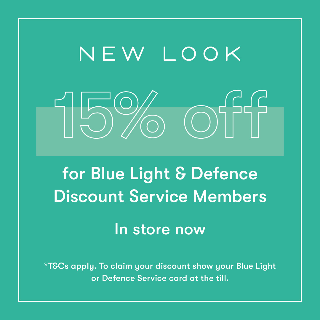 15% off for Blue Light & Defence Discount Service Members at @newlook in @drakecircusplym! To claim your discount show your Blue Light or Defence Service card at the till.