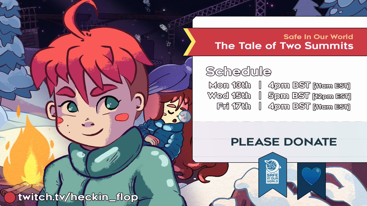 📢 LIVE IN 1 HOUR!! 🍓 Playing Celeste and raising money for @SafeInOurWorld and game dev mental health✨ We've already raised £260 (goal: £1000), and we've got a Celeste key giveaway. 👀 Here's the stream for next week! 👇