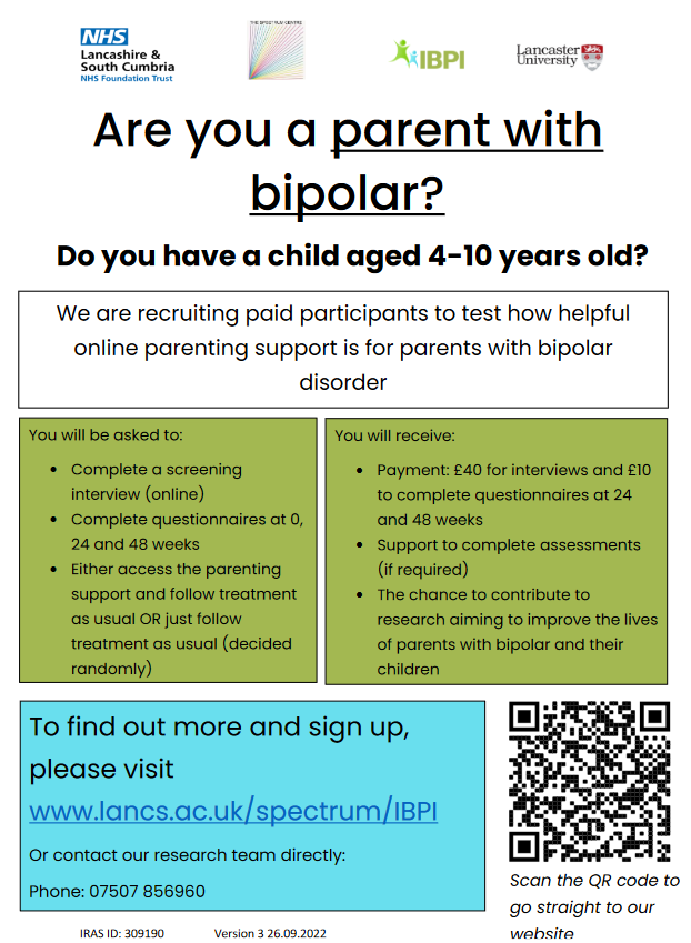 We’re testing a new online tool for #parents with #bipolar! 
We’re investigating how it can support parents’ and #children’s well-being. 
Visit lancs.ac.uk/spectrum/IBPI to learn more and register your interest in participation.