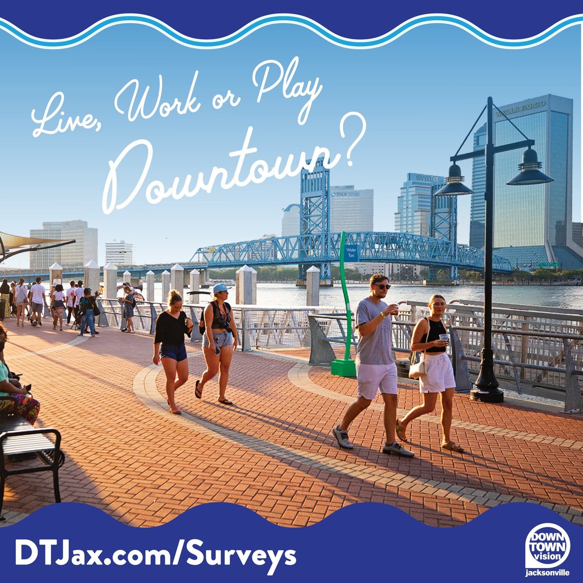Do you live, work or play in Downtown Jacksonville? We want to hear from you!

Take the surveys and provide an email address to be entered into a drawing to win one of five #DTJax e-Gift Cards. 

Learn More and Take the Survey: DTJax.com/surveys