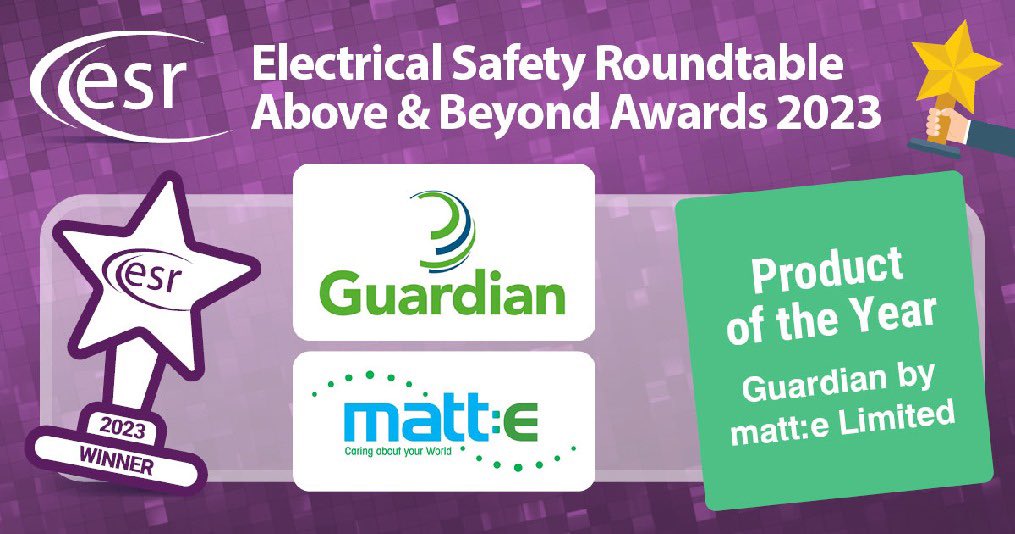 Truly honoured to win <a href="/ElectricalSR/">Electrical Safety Roundtable</a> Above and Beyond Awards 2023 Product of the Year for Guardian 🥳
Please get in touch if you would like to know more about this innovative electrical safety product. info@matt-e.co.uk #SafetyFirst #ElectricalSafety #AwardWinners